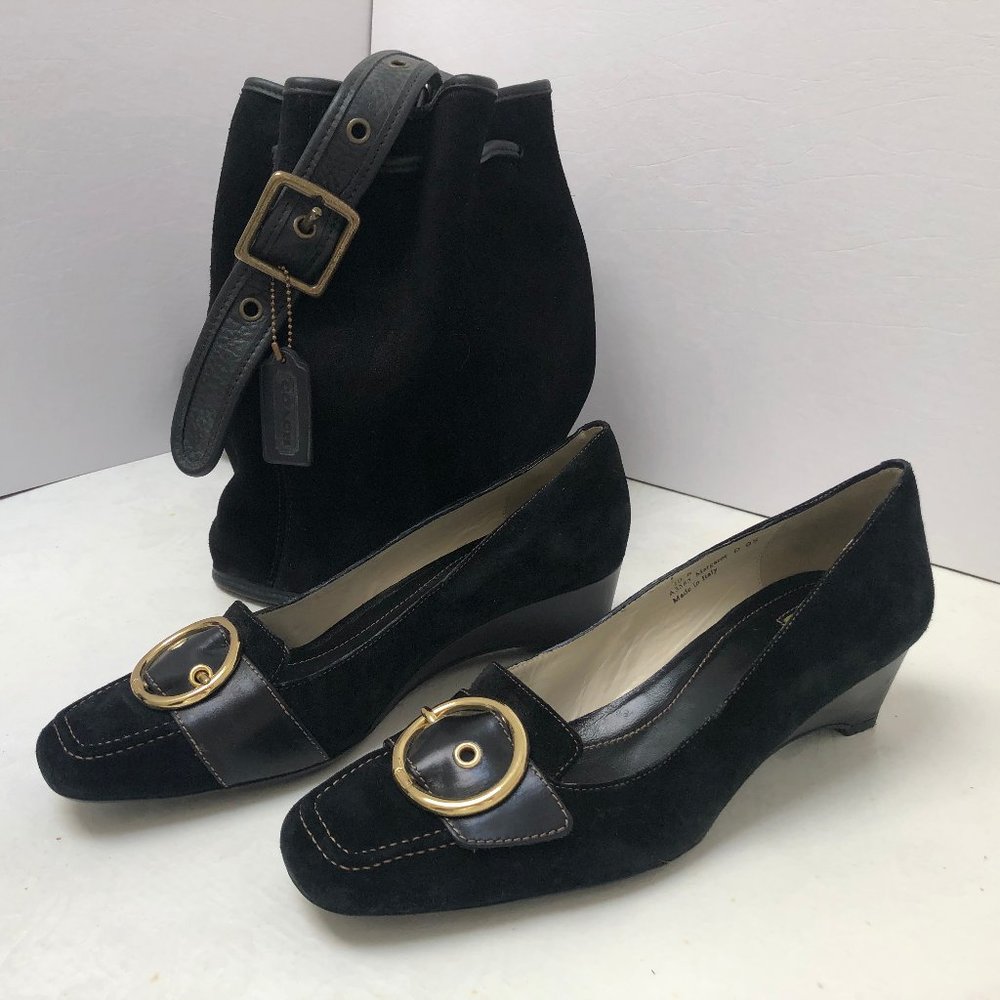 LIKE NEW Coach Margaret Black Wedge Heels Suede Leather sz 10 IN BOX Y2K